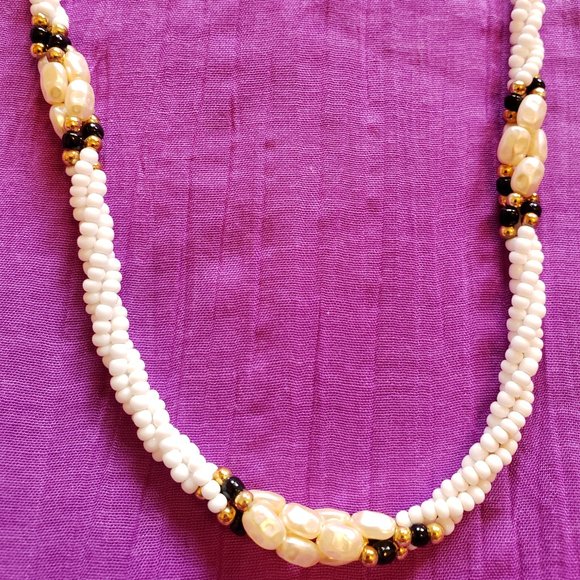 Vtg 80’s Freshwater Pearl Rice Nugget White Black Gold Braided Beads Necklace - Picture 3 of 4